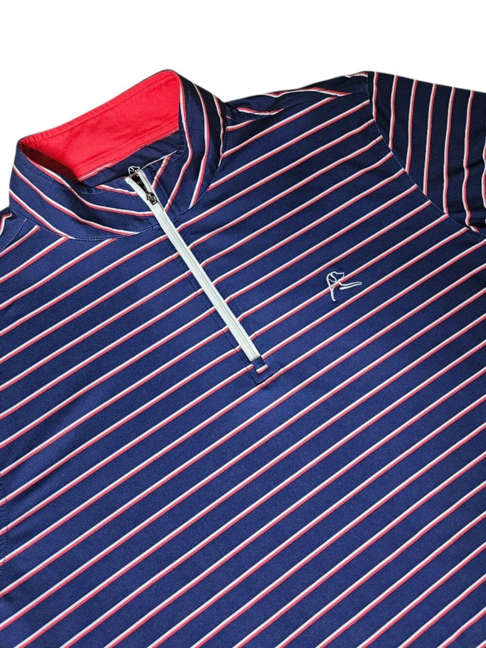 Rhoback Men’s L Blue Striped Performance Golf Quarter Zip USA Flag Logo Preppy